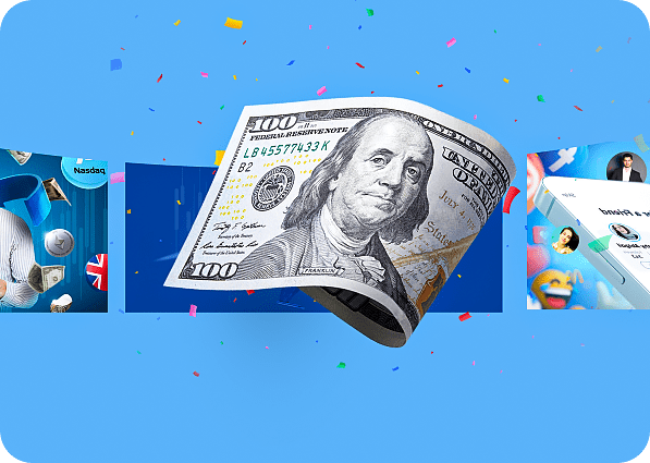 1 dollar in center around him 350deg images with promotions and bonuses